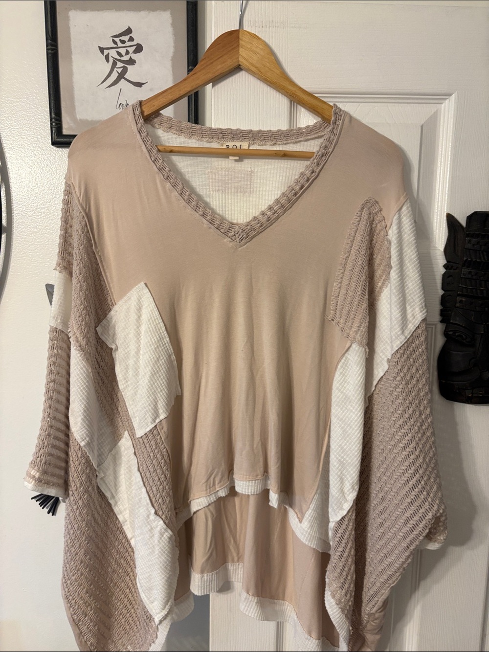 POL Taupe & White Patchwork V-Neck Tunic Top